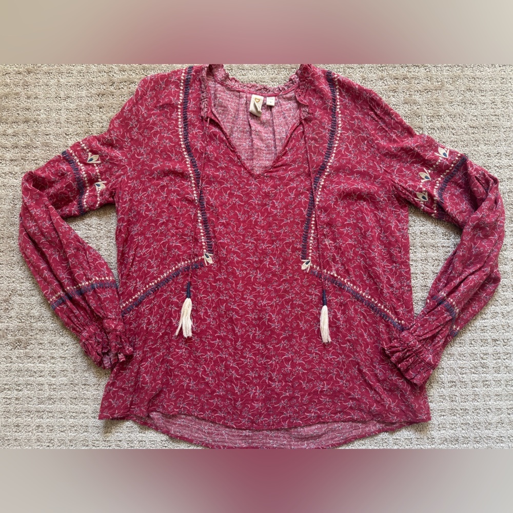 Dolan Boho Red Floral Long Sleeve Blouse with Embroidery & Tassel Ties